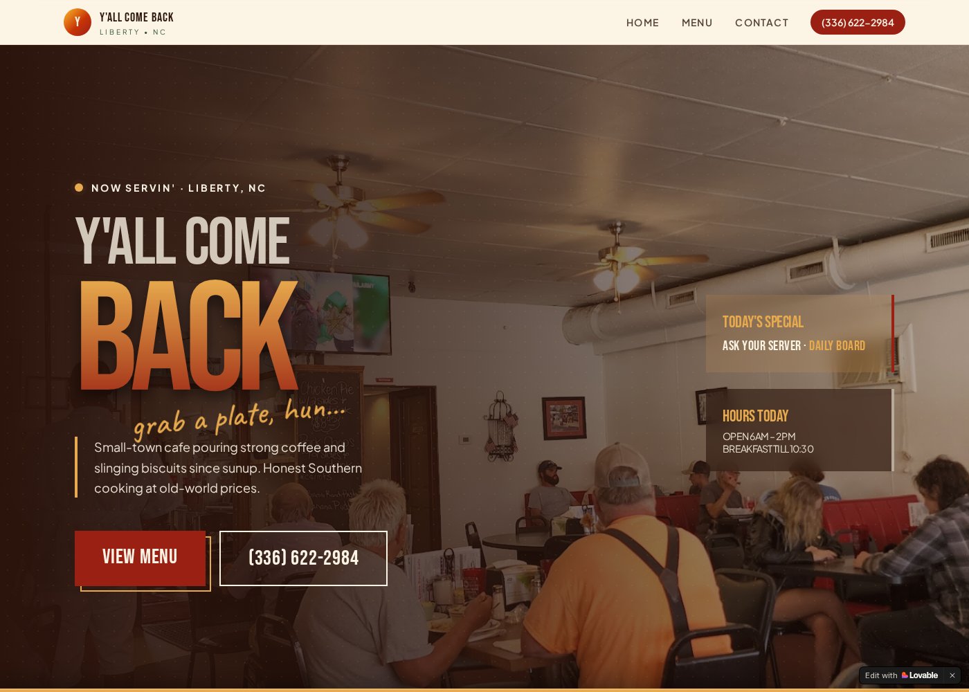 Y'all Come Back Cafe — Restaurant · Menu & info